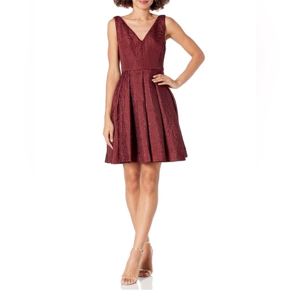 ERIN fetherston Jacquard Flared Crimson Burgundy Maroon Sleeveless Dress 0
